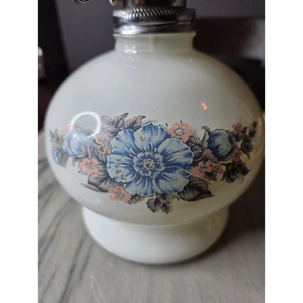 Vintage Milk Glass Oil Lamp Blue Floral Design 7